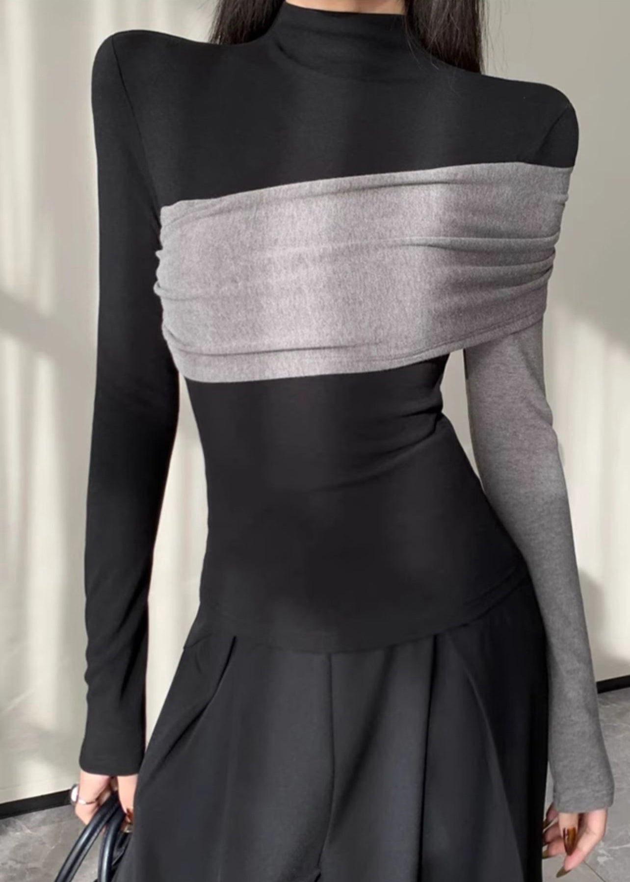 Chic Black Asymmetrical Patchwork Cotton Shirt Spring YP038 ABC