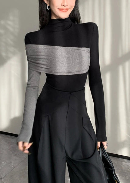 Chic Black Asymmetrical Patchwork Cotton Shirt Spring YP038 ABC