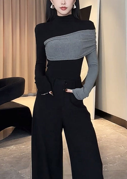 Chic Black Asymmetrical Patchwork Cotton Shirt Spring YP038 ABC