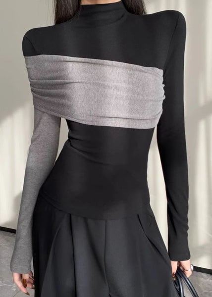 Chic Black Asymmetrical Patchwork Cotton Shirt Spring YP038 ABC