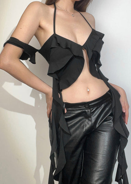 Chic Black Asymmetrical Ruffled Cotton Tank Summer KK081 SH-LF-VTP240602