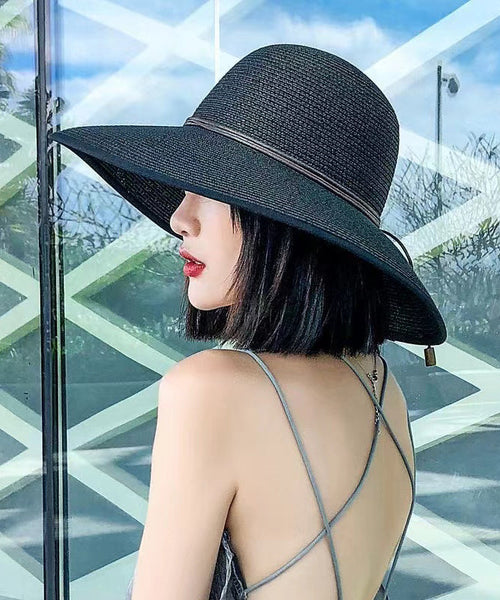 Chic Black Beach Holiday Straw Woven Lace Up Sun Hat II051 hat-HAT240825