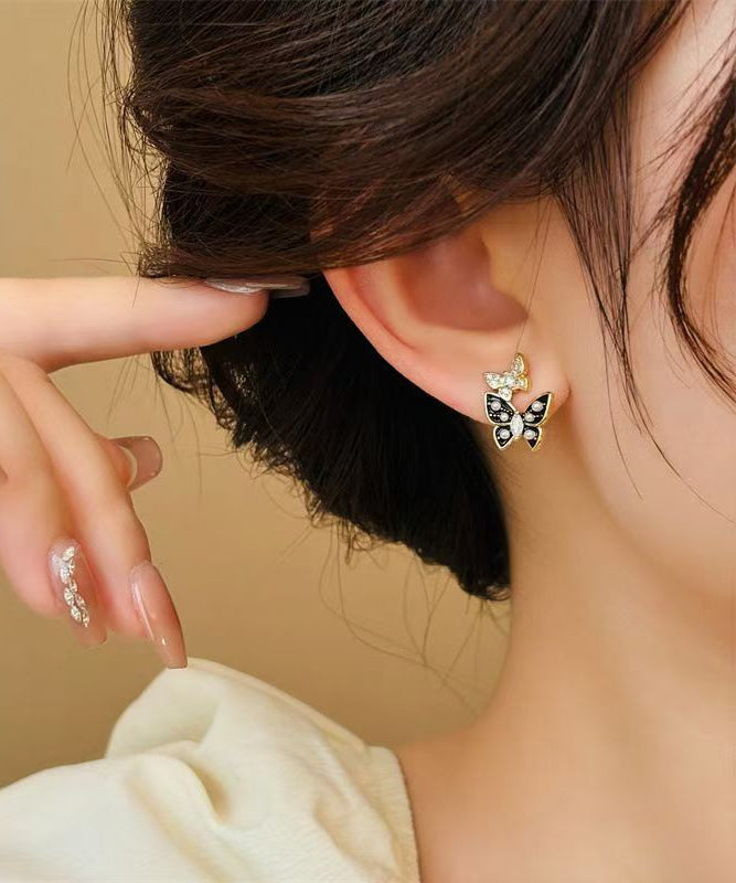 Chic Black Copper Alloy Zircon Drip Glaze Pearl Glass Stud Earrings WH042 JEW-EAR241116