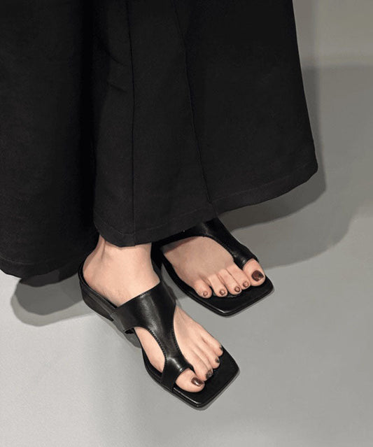 Faux Thong Sandals Chunky Chic Leather Black Splicing FashionChic