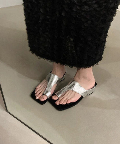 Faux Thong Sandals Chunky Chic Leather Black Splicing FashionChic