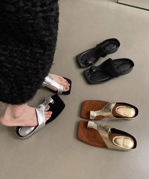 Faux Thong Sandals Chunky Chic Leather Black Splicing FashionChic