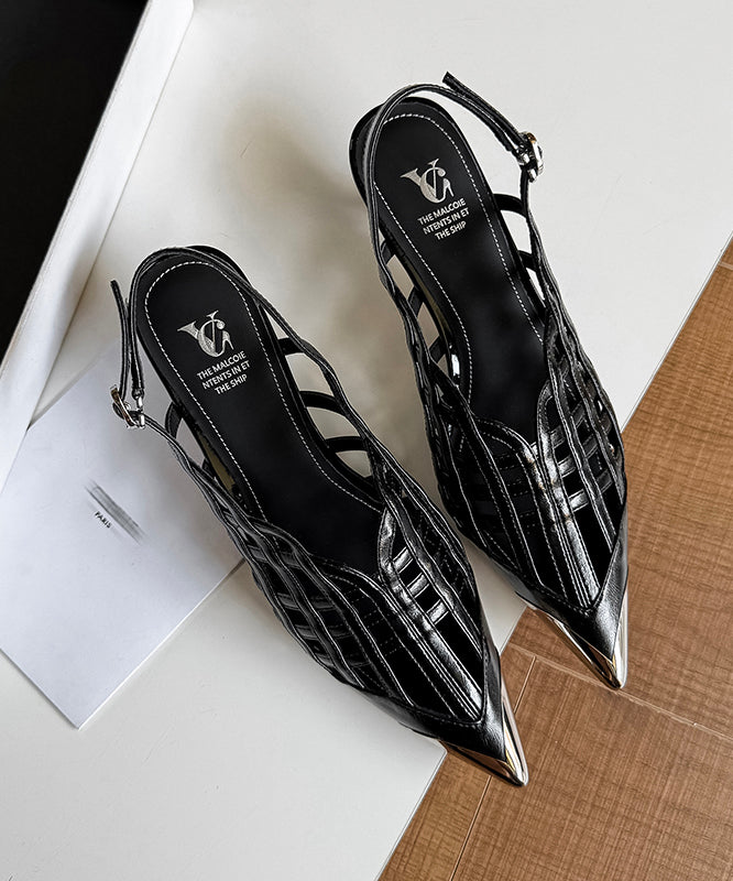 Sandals Black Out Leather Splicing Cowhide Hollow Heel High Chic FashionChic