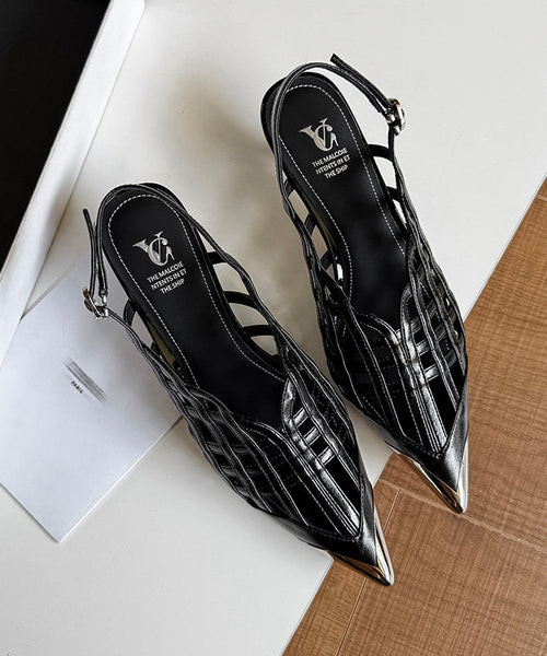 Sandals Black Out Leather Splicing Cowhide Hollow Heel High Chic FashionChic