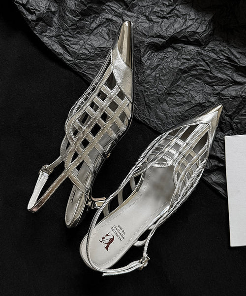 Sandals Black Out Leather Splicing Cowhide Hollow Heel High Chic FashionChic