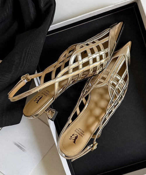 Sandals Black Out Leather Splicing Cowhide Hollow Heel High Chic FashionChic