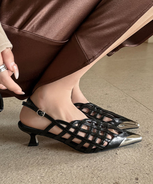 Sandals Black Out Leather Splicing Cowhide Hollow Heel High Chic FashionChic