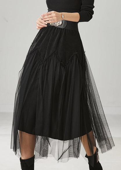 Chic Black High Waist Patchwork Tulle Corduroy Skirts Spring YU1025 Ada Fashion