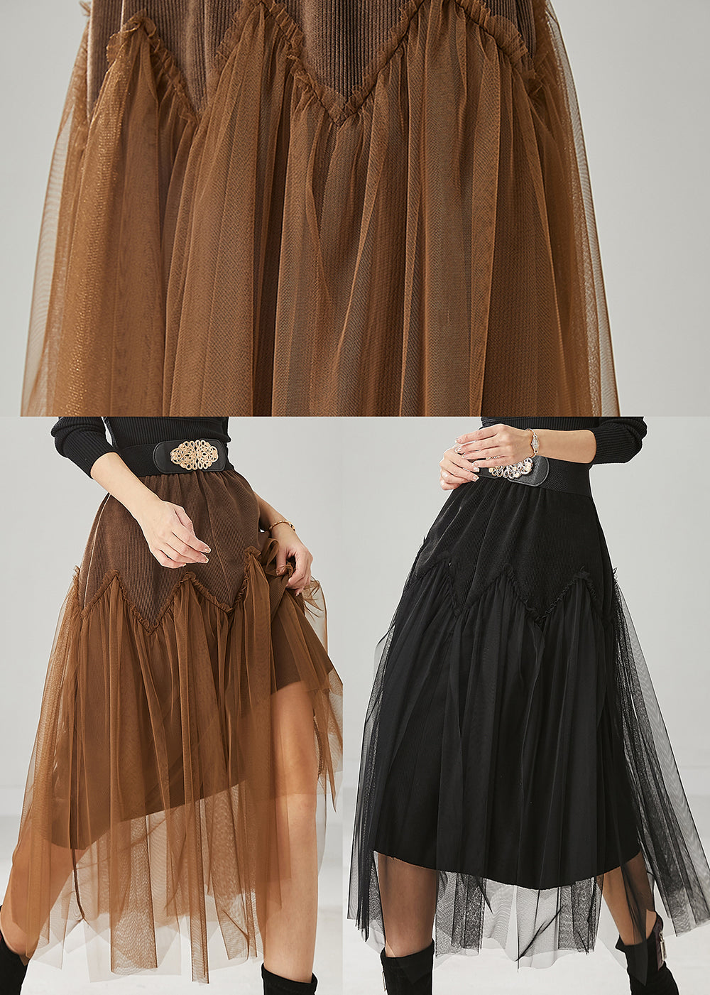 Chic Black High Waist Patchwork Tulle Corduroy Skirts Spring YU1025 Ada Fashion