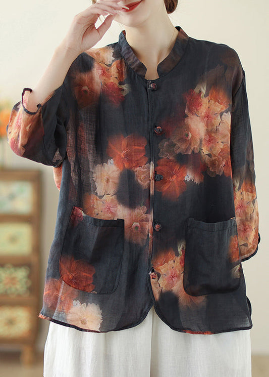 Chic Black Mandarin Collar Print Linen Tops Spring TM033 ABC