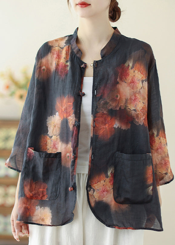 Chic Black Mandarin Collar Print Linen Tops Spring TM033 ABC