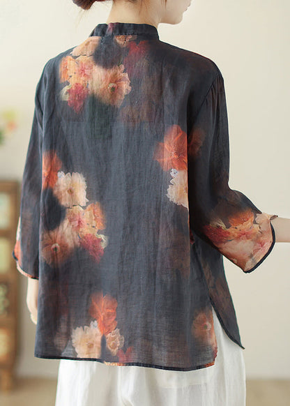 Chic Black Mandarin Collar Print Linen Tops Spring TM033 ABC