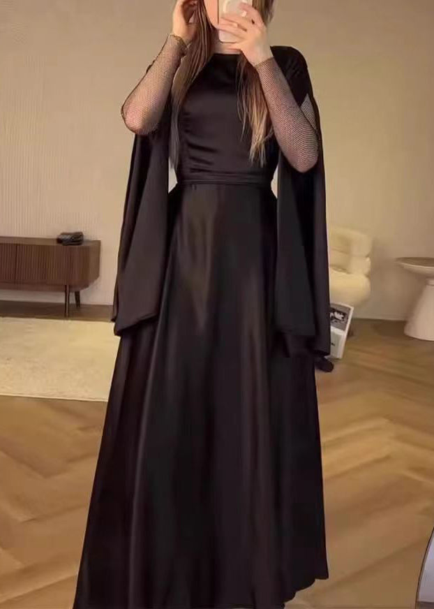 Chic Black O Neck Patchwork Slim Fit Silk Dress Fall WO055 OM-ZS241108