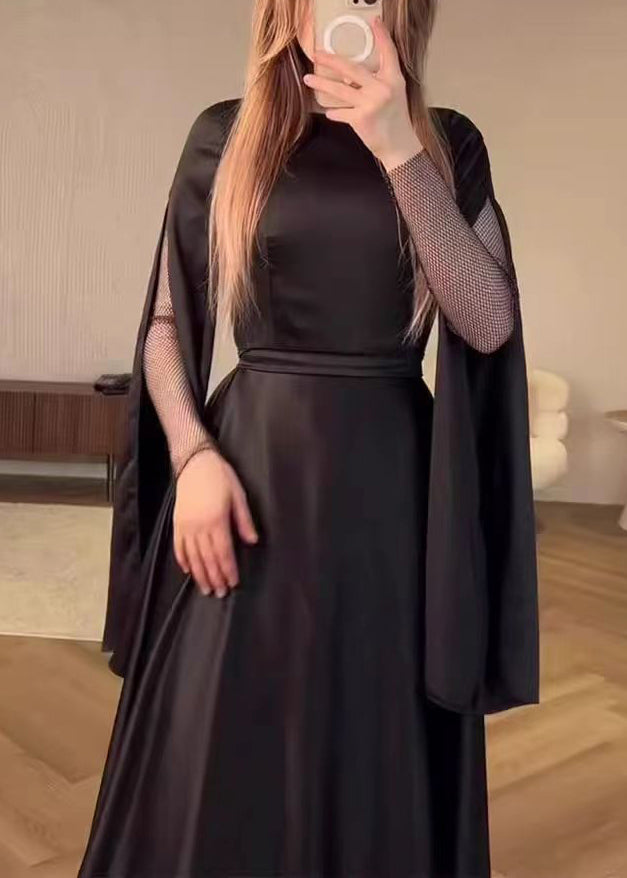 Chic Black O Neck Patchwork Slim Fit Silk Dress Fall WO055 OM-ZS241108