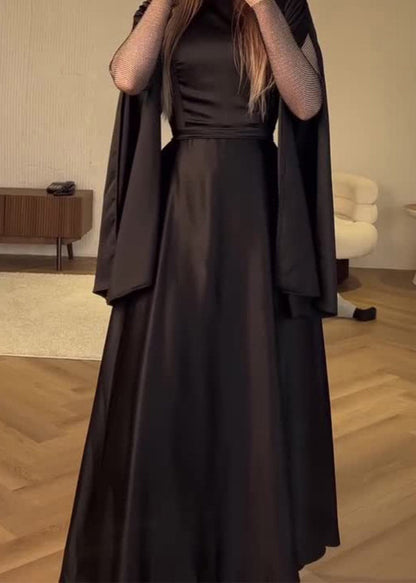 Chic Black O Neck Patchwork Slim Fit Silk Dress Fall WO055 OM-ZS241108