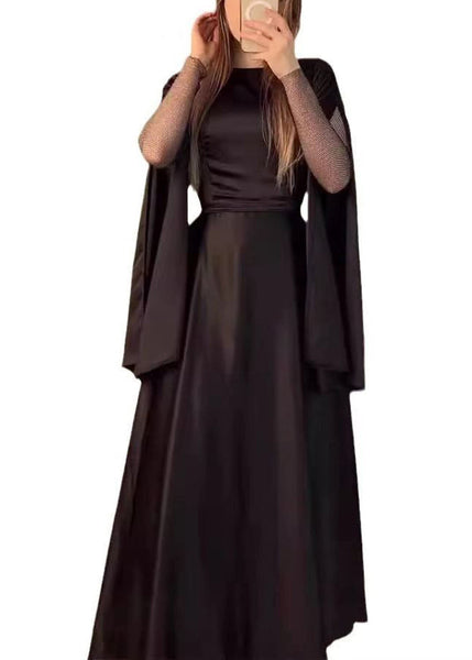 Chic Black O Neck Patchwork Slim Fit Silk Dress Fall WO055 OM-ZS241108