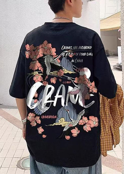 Men Black Print Chic Oversized Shirts Cotton T Neck Summer O FashionChic