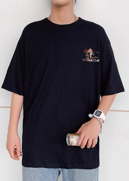 Men Black Print Chic Oversized Shirts Cotton T Neck Summer O FashionChic