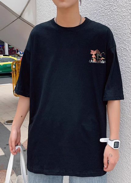 Men Black Print Chic Oversized Shirts Cotton T Neck Summer O FashionChic
