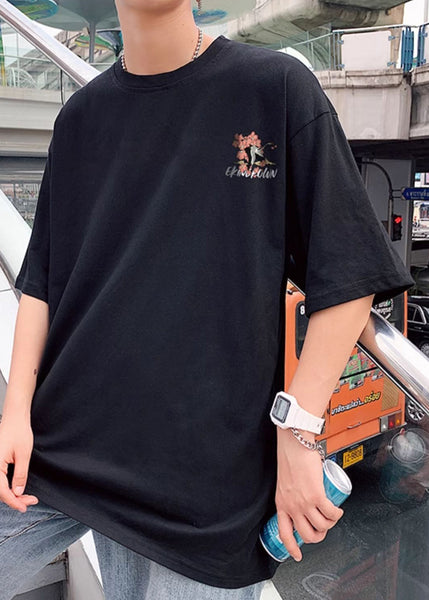 Men Black Print Chic Oversized Shirts Cotton T Neck Summer O FashionChic