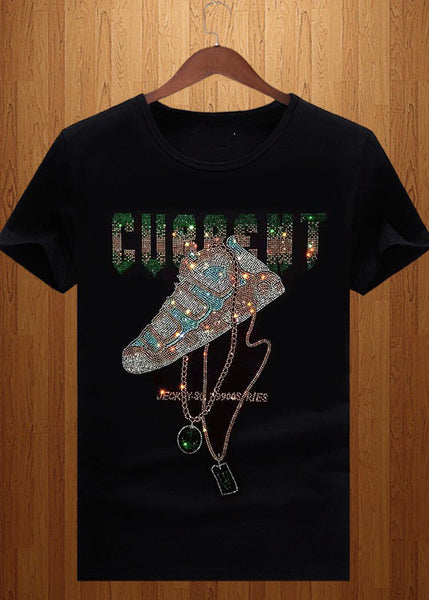 Cotton O Zircon Chic Neck Black Summer Men T Shirt FashionChic