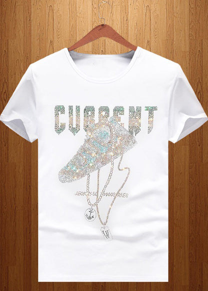 Cotton O Zircon Chic Neck Black Summer Men T Shirt FashionChic