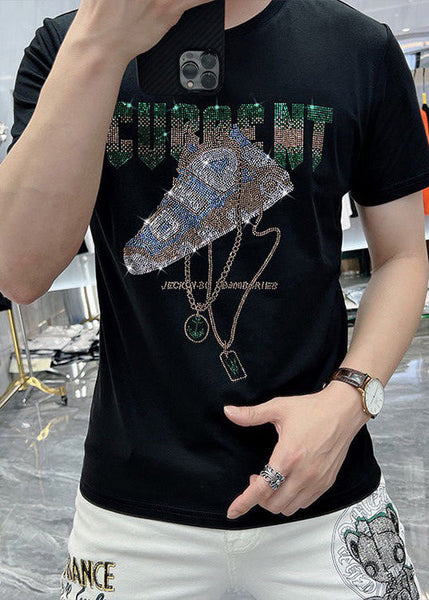 Cotton O Zircon Chic Neck Black Summer Men T Shirt FashionChic