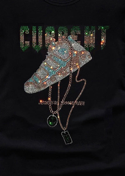 Cotton O Zircon Chic Neck Black Summer Men T Shirt FashionChic