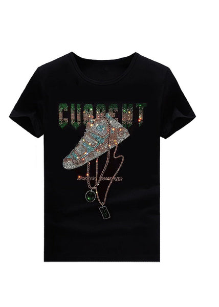 Cotton O Zircon Chic Neck Black Summer Men T Shirt FashionChic