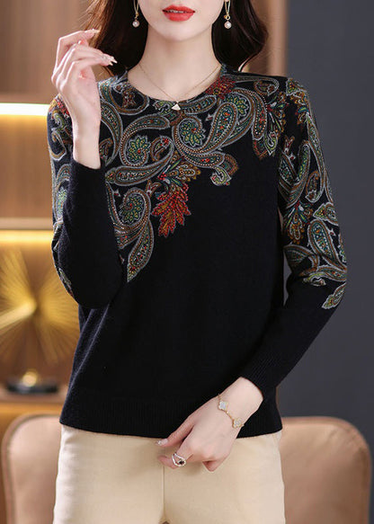 Chic Black O Neck Zircon Patchwork Wool Sweaters Long Sleeve TB016
