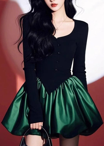 O-Neck Patchwork Black Spring Green Mid Dress Chic FashionChic