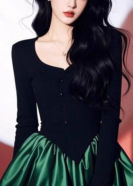 O-Neck Patchwork Black Spring Green Mid Dress Chic FashionChic