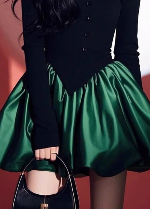 O-Neck Patchwork Black Spring Green Mid Dress Chic FashionChic