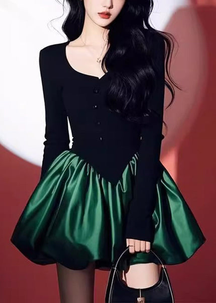 O-Neck Patchwork Black Spring Green Mid Dress Chic FashionChic