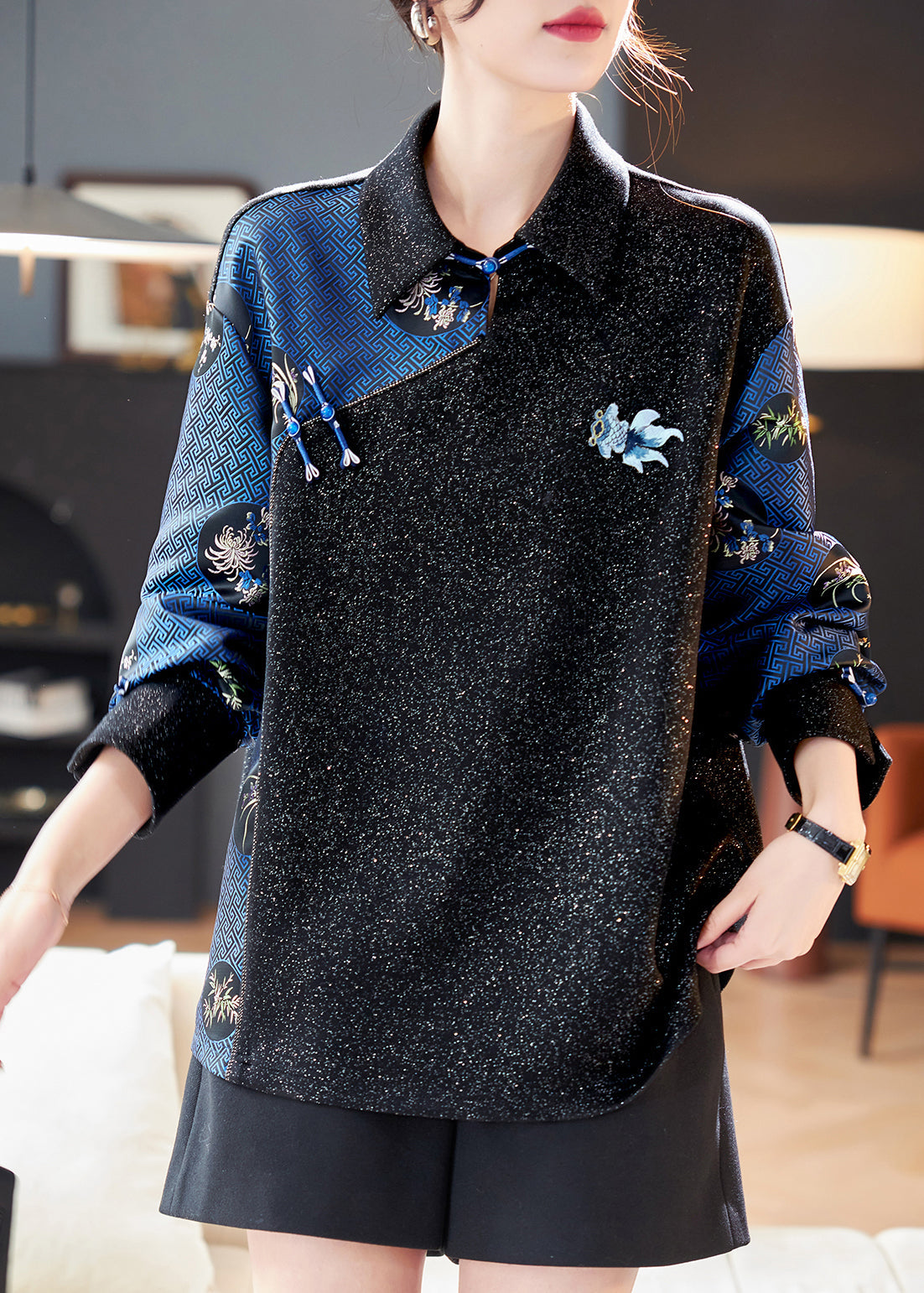 Chic Black Peter Pan Collar Print Patchwork Shirts Spring RL041 ABC