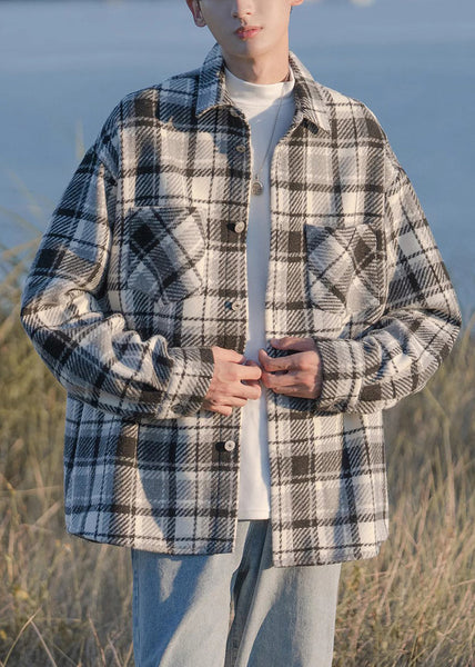 Button Shirts Pockets Men Plaid Coats Spring Chic Black Woolen FashionChic