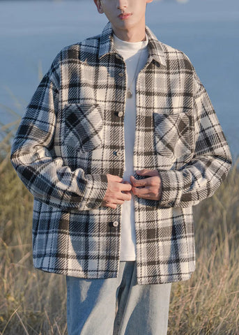 Button Shirts Pockets Men Plaid Coats Spring Chic Black Woolen FashionChic