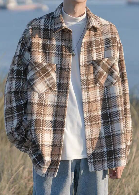 Button Shirts Pockets Men Plaid Coats Spring Chic Black Woolen FashionChic