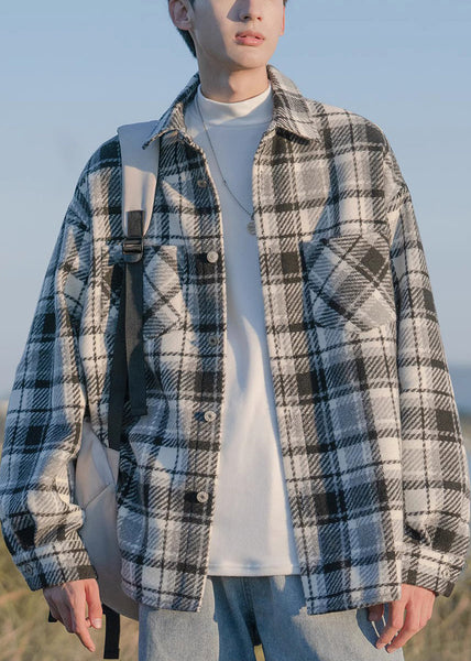 Button Shirts Pockets Men Plaid Coats Spring Chic Black Woolen FashionChic