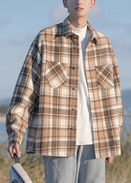 Button Shirts Pockets Men Plaid Coats Spring Chic Black Woolen FashionChic