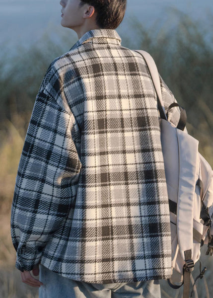 Button Shirts Pockets Men Plaid Coats Spring Chic Black Woolen FashionChic