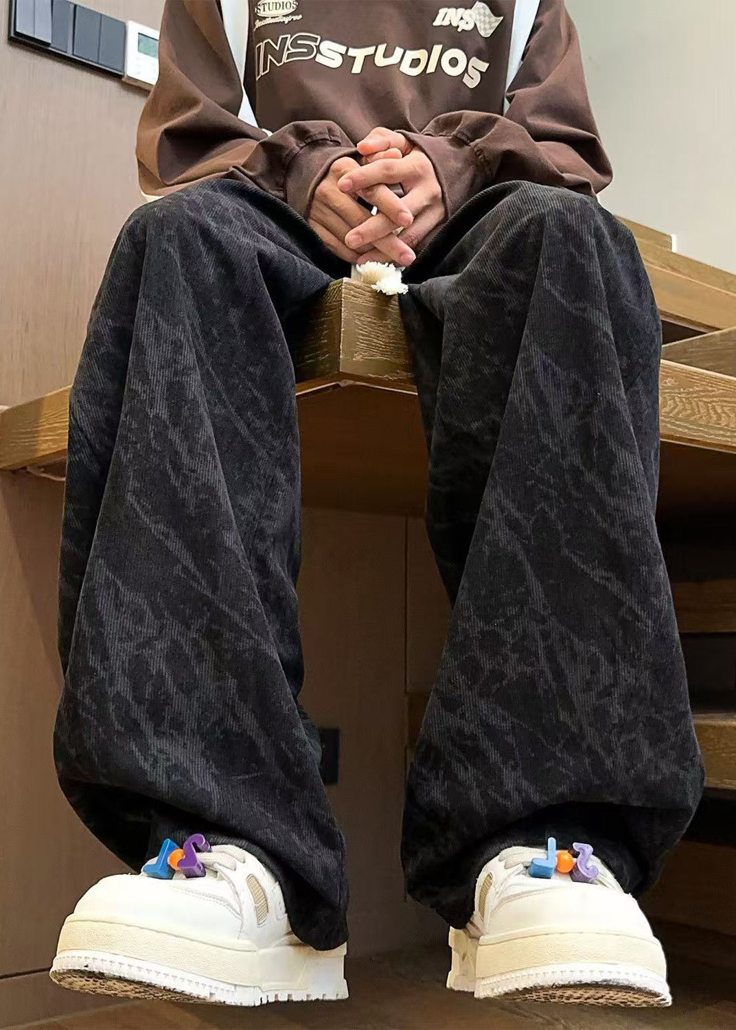 Chic Black Pockets Lace Up Corduroy Men Pants Spring RM047 ABC