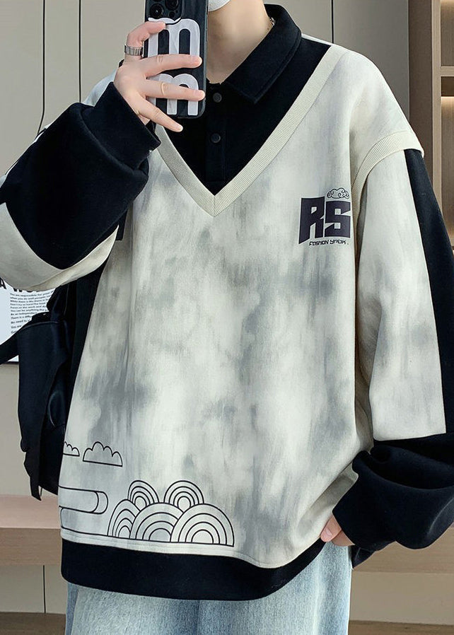 Cotton Button Black Mens Sweatshirts Patchwork Print Chic Spring FashionChic