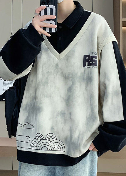 Cotton Button Black Mens Sweatshirts Patchwork Print Chic Spring FashionChic