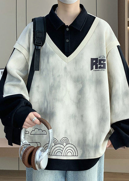 Cotton Button Black Mens Sweatshirts Patchwork Print Chic Spring FashionChic