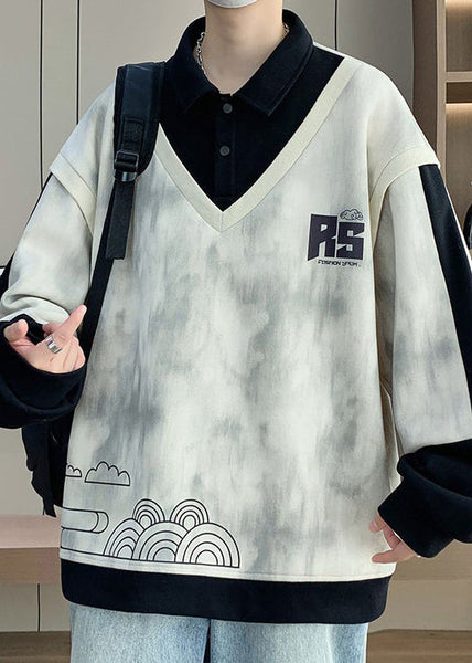 Cotton Button Black Mens Sweatshirts Patchwork Print Chic Spring FashionChic